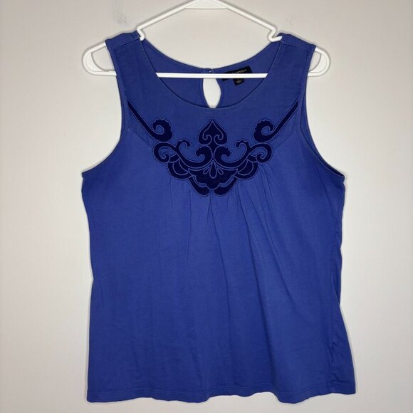 BANANA REPUBLIC Blouse L Blue Embroidered Key Hole Round Neck Tank - Picture 3 of 4